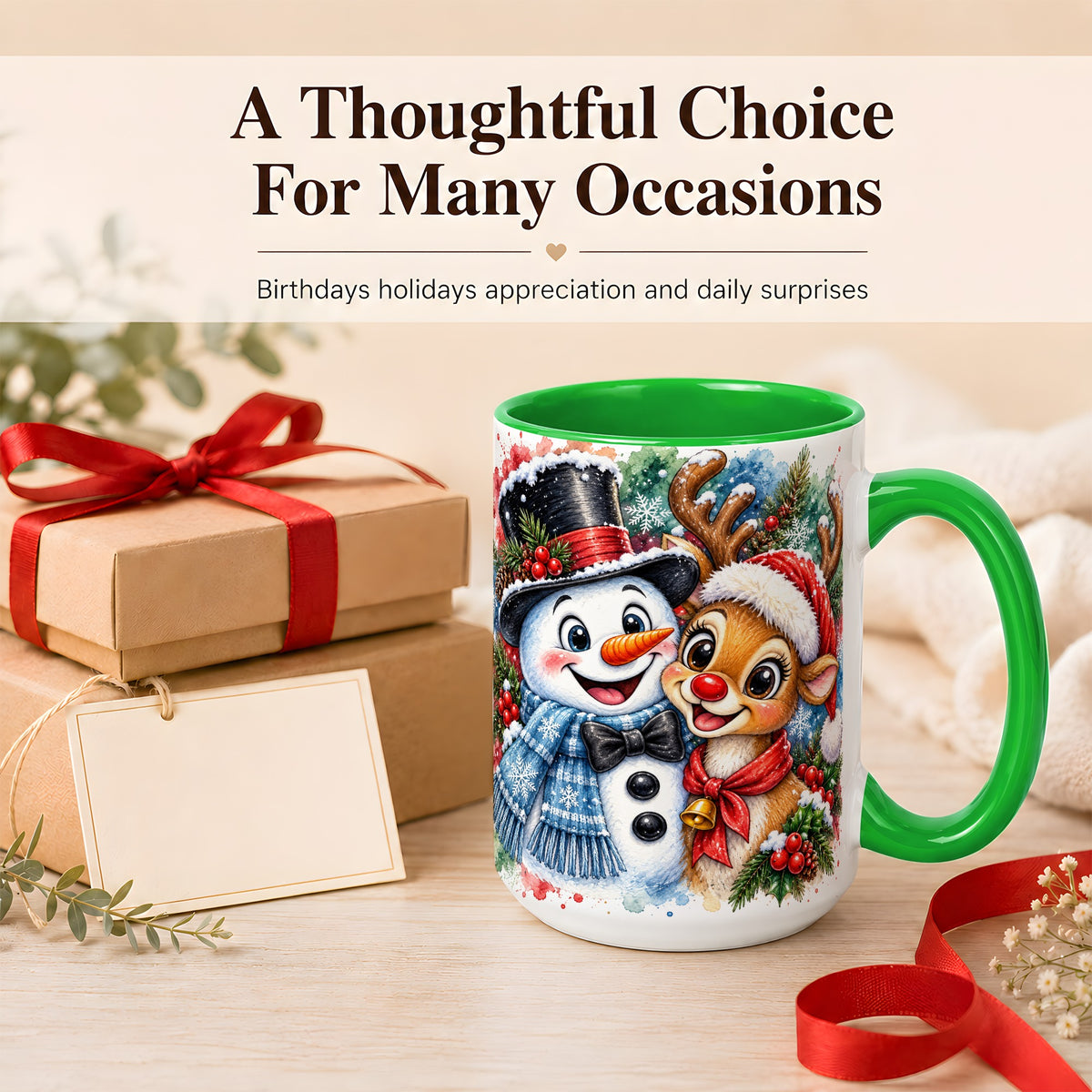#pl[15oz|Green] Snowman Reindeer Coffee Mug, Christmas Friends Mug, Ceramic Cup