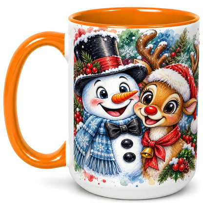 #pl[15oz|Orange] Snowman Reindeer Coffee Mug, Christmas Friends Mug, Ceramic Cup