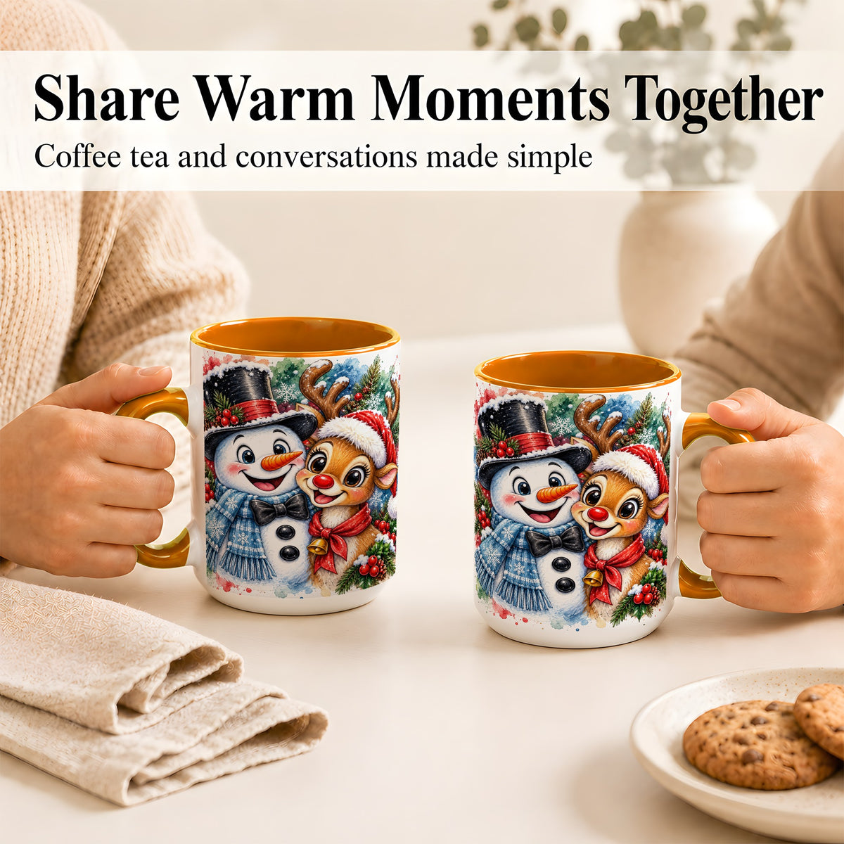 #pl[15oz|Orange] Snowman Reindeer Coffee Mug, Christmas Friends Mug, Ceramic Cup