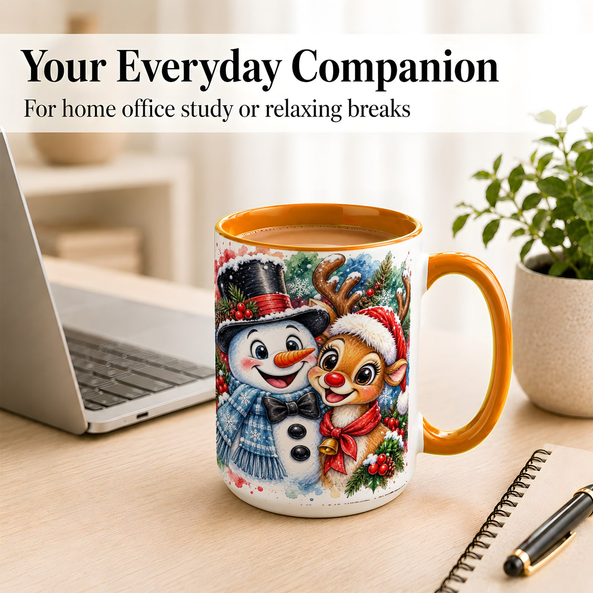 #pl[15oz|Orange] Snowman Reindeer Coffee Mug, Christmas Friends Mug, Ceramic Cup