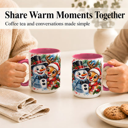 #pl[15oz|Pink] Snowman Reindeer Coffee Mug, Christmas Friends Mug, Ceramic Cup