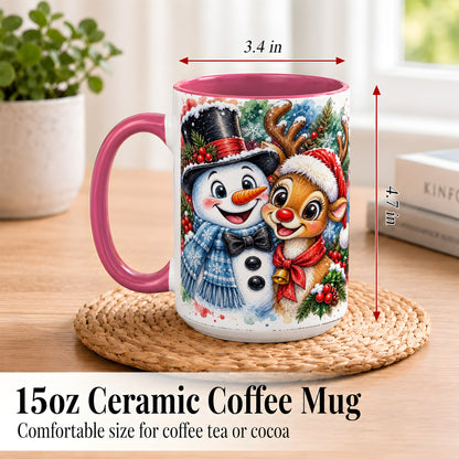 #pl[15oz|Pink] Snowman Reindeer Coffee Mug, Christmas Friends Mug, Ceramic Cup