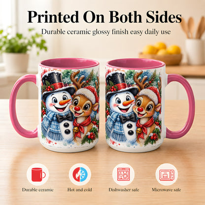 #pl[15oz|Pink] Snowman Reindeer Coffee Mug, Christmas Friends Mug, Ceramic Cup