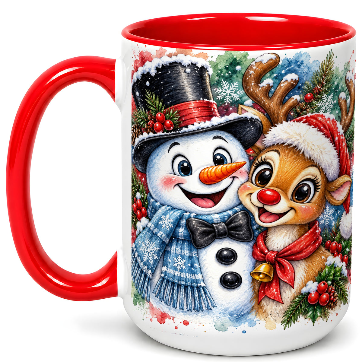 #pl[15oz|Red] Snowman Reindeer Coffee Mug, Christmas Friends Mug, Ceramic Cup