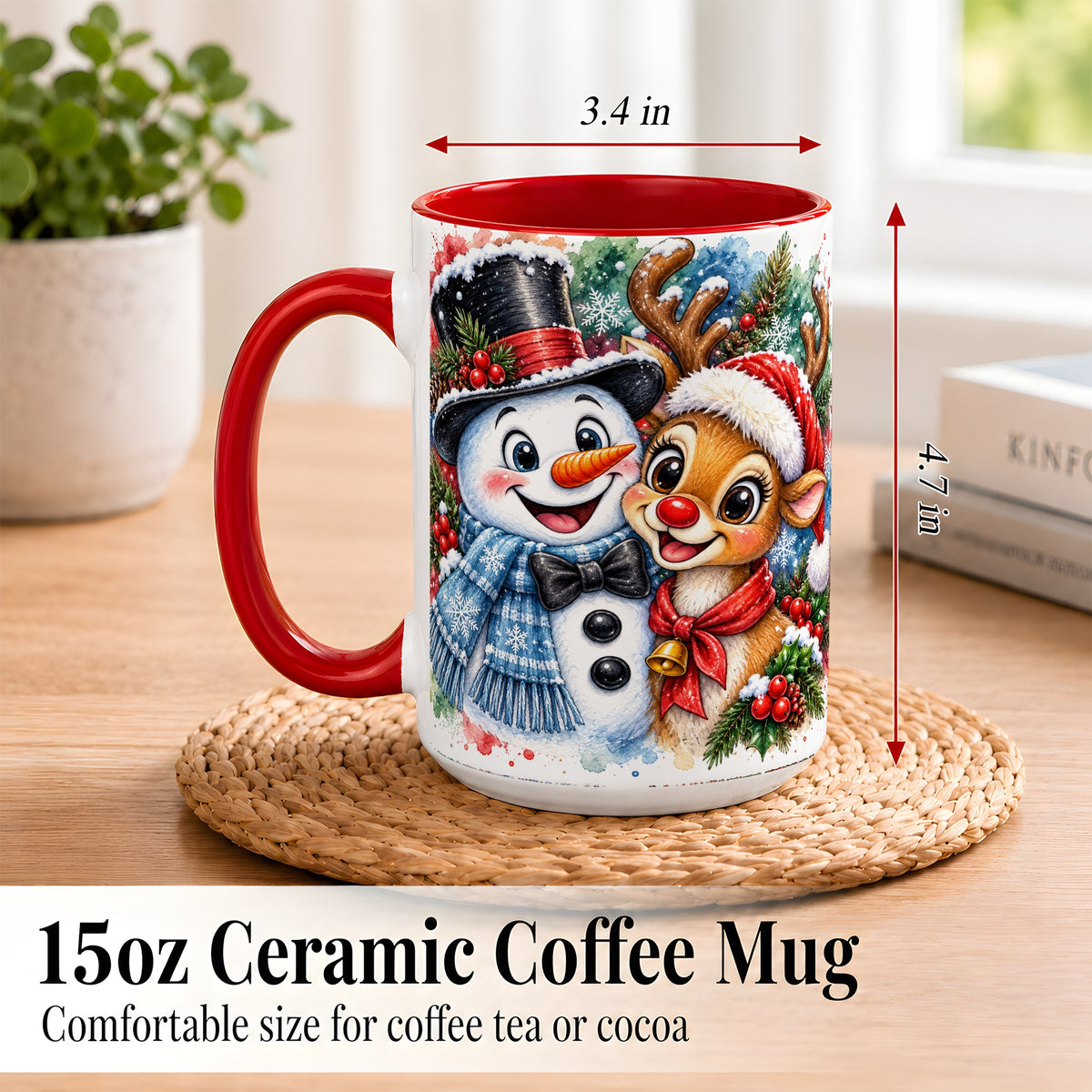 #pl[15oz|Red] Snowman Reindeer Coffee Mug, Christmas Friends Mug, Ceramic Cup