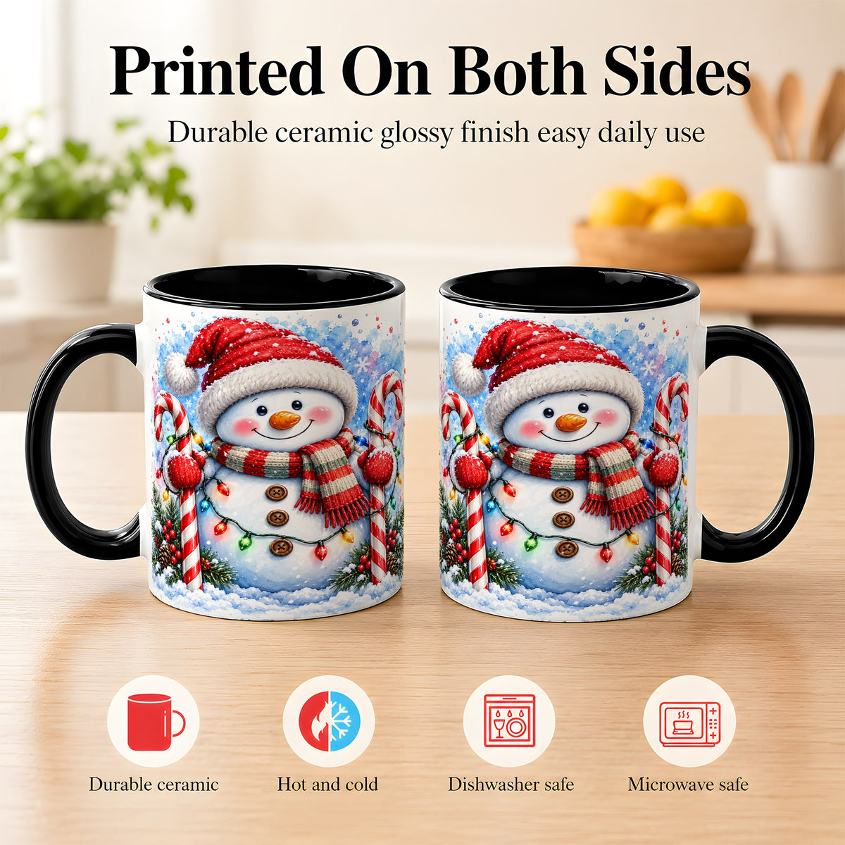 #pl[11oz|Black] Candy Cane Snowman Coffee Mug, Christmas Snowman Mug, Ceramic Cup