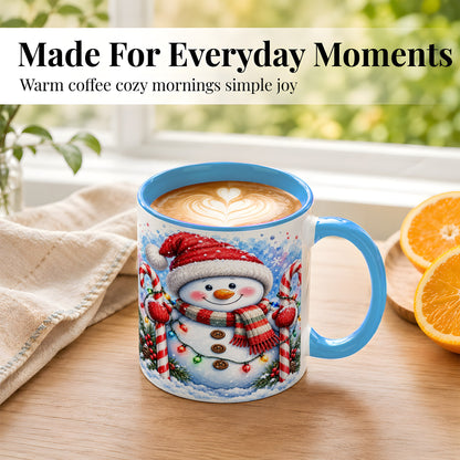#pl[11oz|Blue] Candy Cane Snowman Coffee Mug, Christmas Snowman Mug, Ceramic Cup