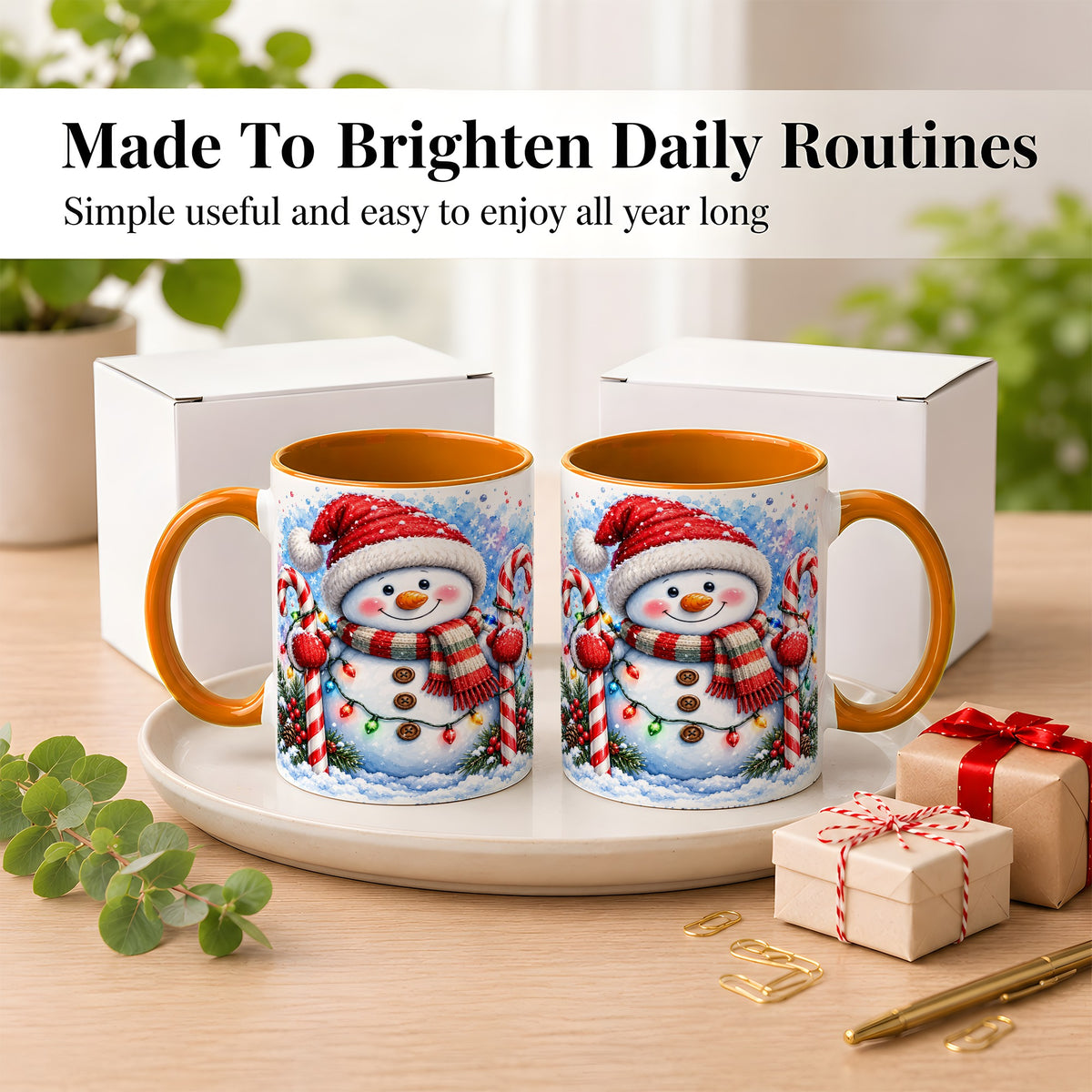 #pl[11oz|Orange] Candy Cane Snowman Coffee Mug, Christmas Snowman Mug, Ceramic Cup