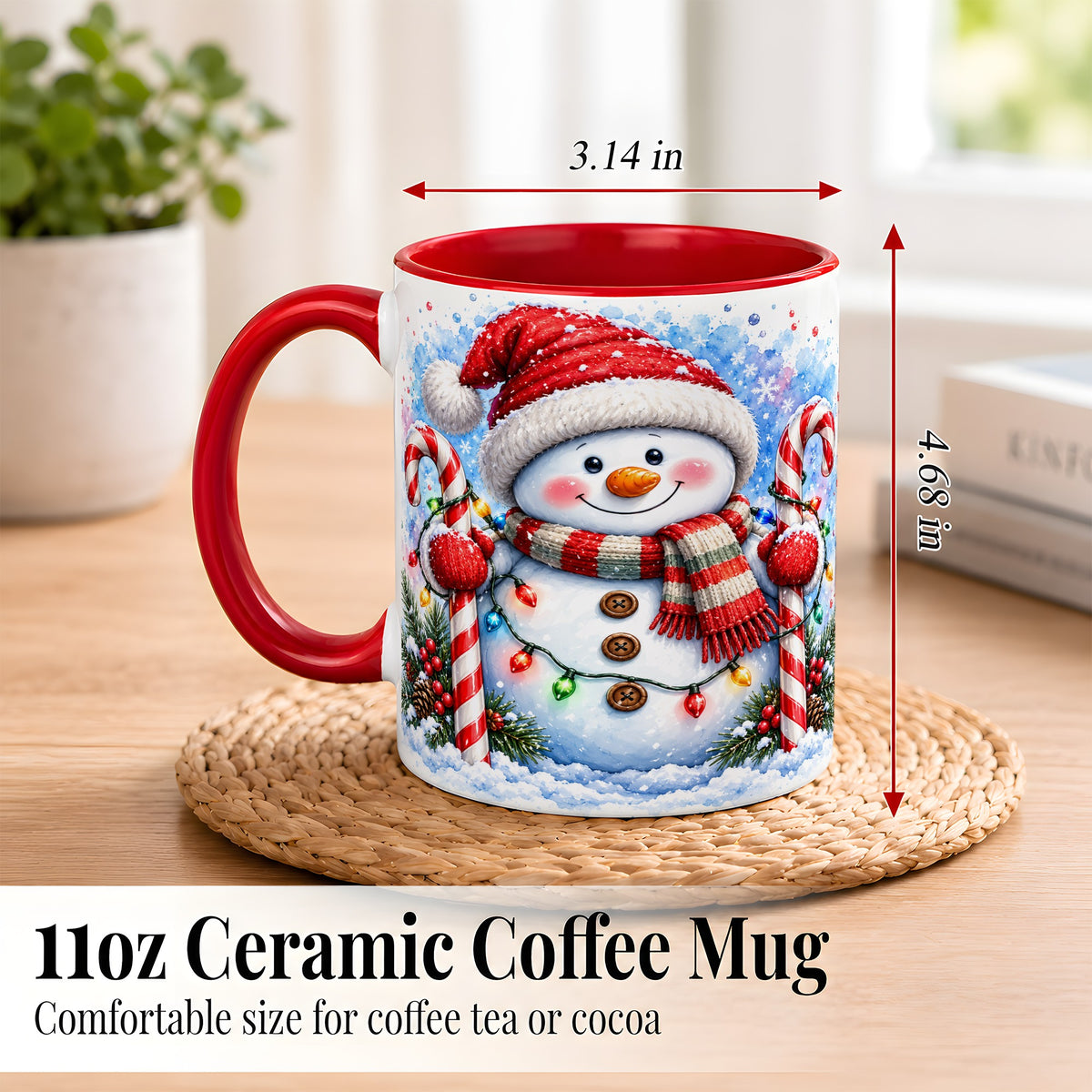 #pl[11oz|Red] Candy Cane Snowman Coffee Mug, Christmas Snowman Mug, Ceramic Cup