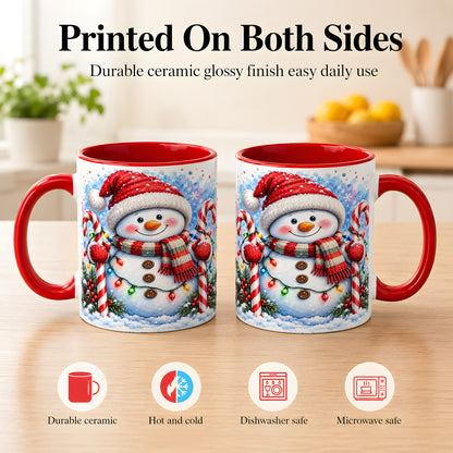 #pl[11oz|Red] Candy Cane Snowman Coffee Mug, Christmas Snowman Mug, Ceramic Cup