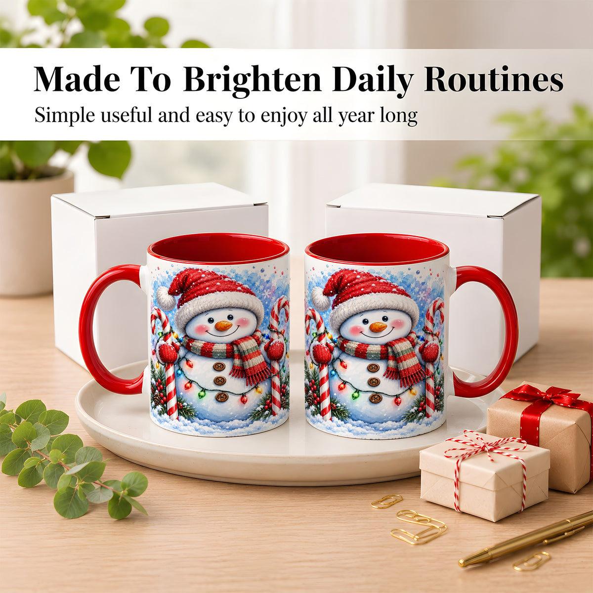 #pl[11oz|Red] Candy Cane Snowman Coffee Mug, Christmas Snowman Mug, Ceramic Cup