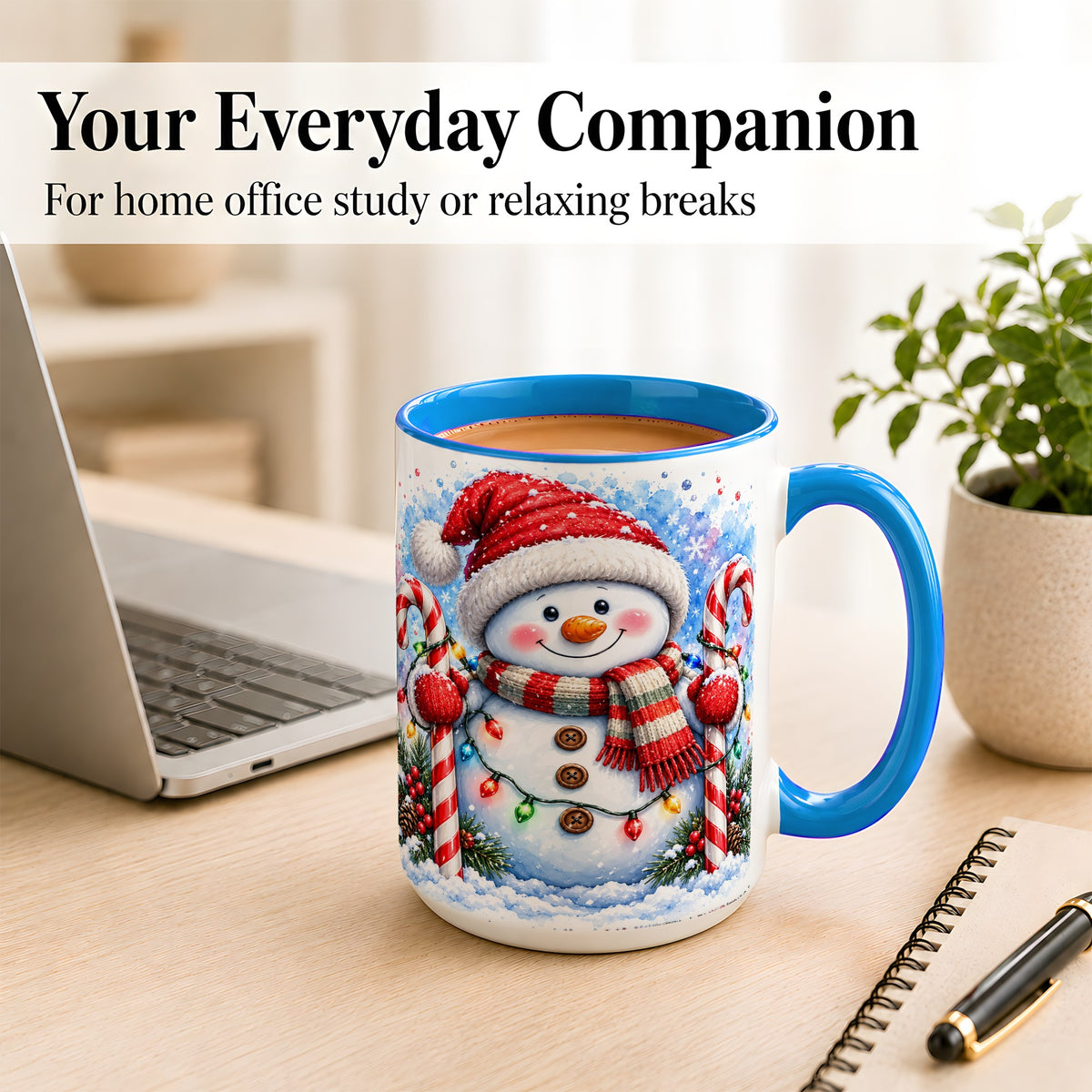 #pl[15oz|Blue] Candy Cane Snowman Coffee Mug, Christmas Snowman Mug, Ceramic Cup