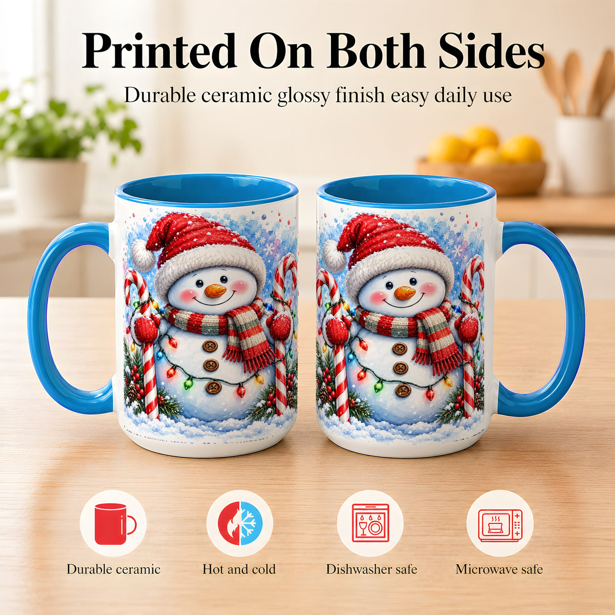 #pl[15oz|Blue] Candy Cane Snowman Coffee Mug, Christmas Snowman Mug, Ceramic Cup