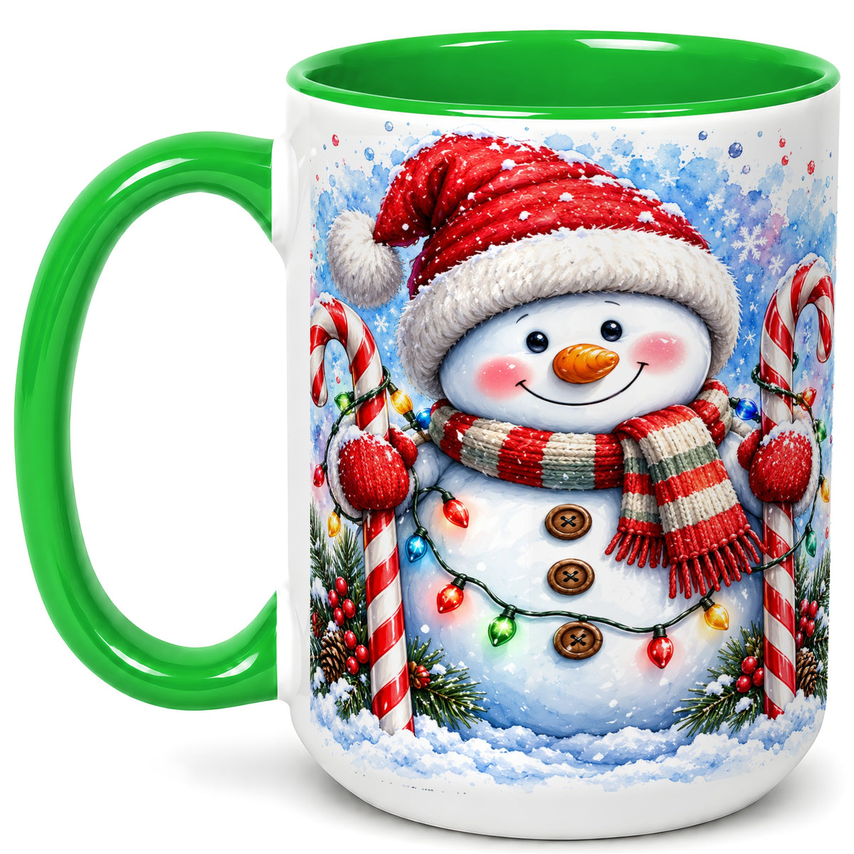 #pl[15oz|Green] Candy Cane Snowman Coffee Mug, Christmas Snowman Mug, Ceramic Cup