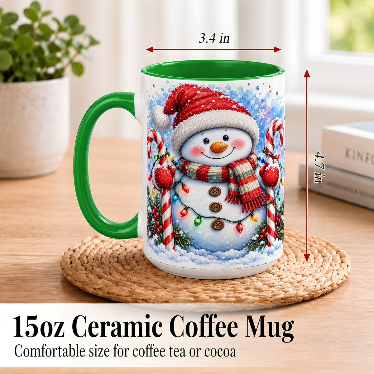 #pl[15oz|Green] Candy Cane Snowman Coffee Mug, Christmas Snowman Mug, Ceramic Cup