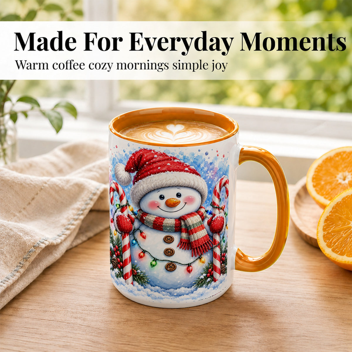 #pl[15oz|Orange] Candy Cane Snowman Coffee Mug, Christmas Snowman Mug, Ceramic Cup