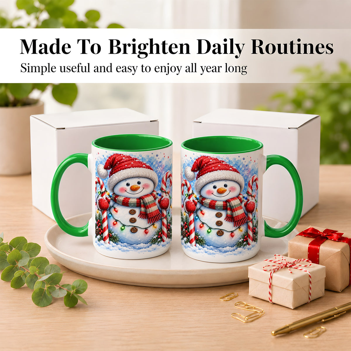 #pl[15oz|Green] Candy Cane Snowman Coffee Mug, Christmas Snowman Mug, Ceramic Cup