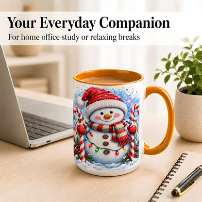 #pl[15oz|Orange] Candy Cane Snowman Coffee Mug, Christmas Snowman Mug, Ceramic Cup