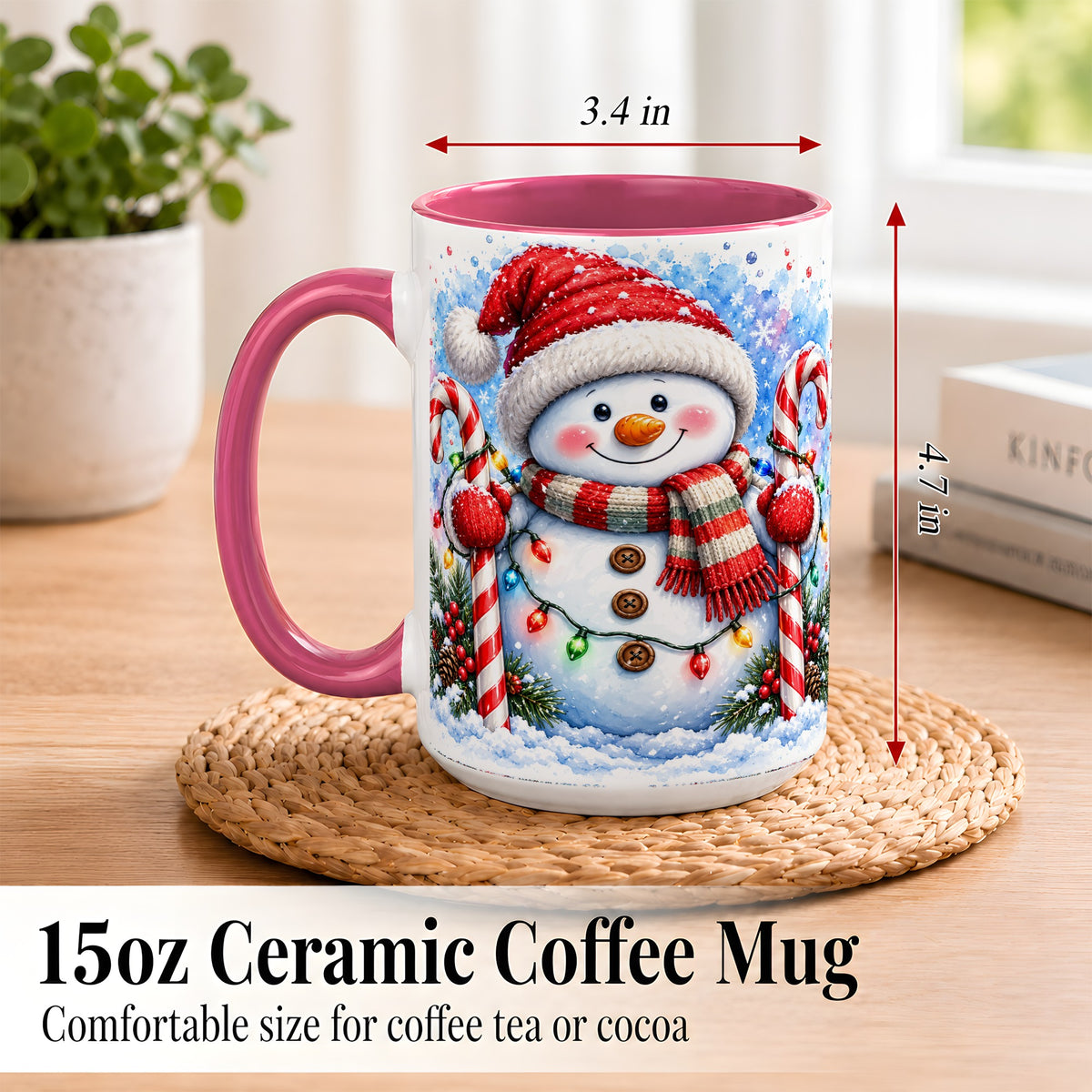 #pl[15oz|Pink] Candy Cane Snowman Coffee Mug, Christmas Snowman Mug, Ceramic Cup