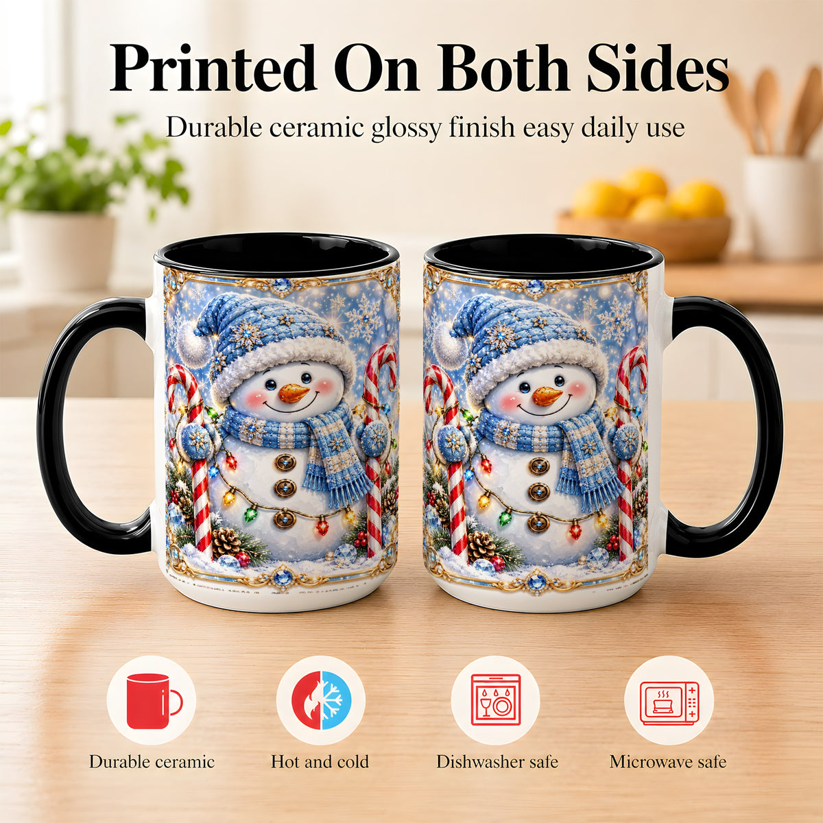 #pl[15oz|Black] Jeweled Snowman Coffee Mug, Candy Cane Winter Mug, Ceramic Cup