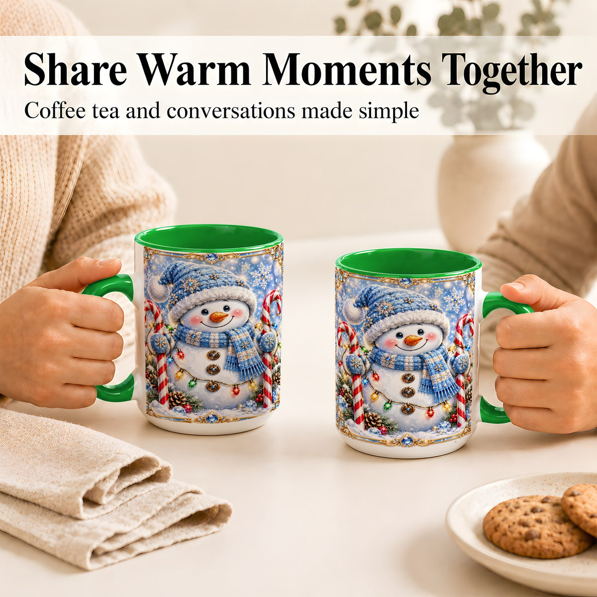 #pl[15oz|Green] Jeweled Snowman Coffee Mug, Candy Cane Winter Mug, Ceramic Cup