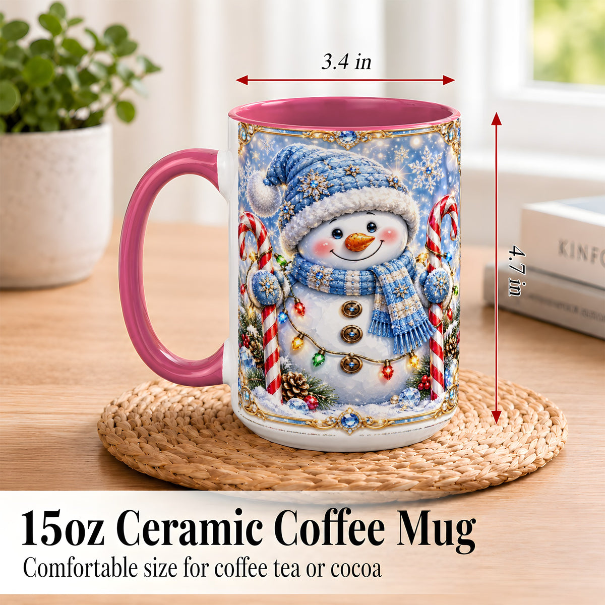 #pl[15oz|Pink] Jeweled Snowman Coffee Mug, Candy Cane Winter Mug, Ceramic Cup