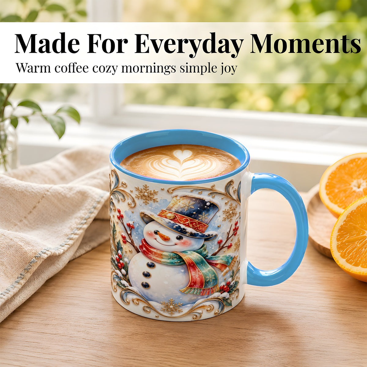 #pl[11oz|Blue] Ornate Snowman Coffee Mug, Winter Top Hat Mug, Ceramic Cup