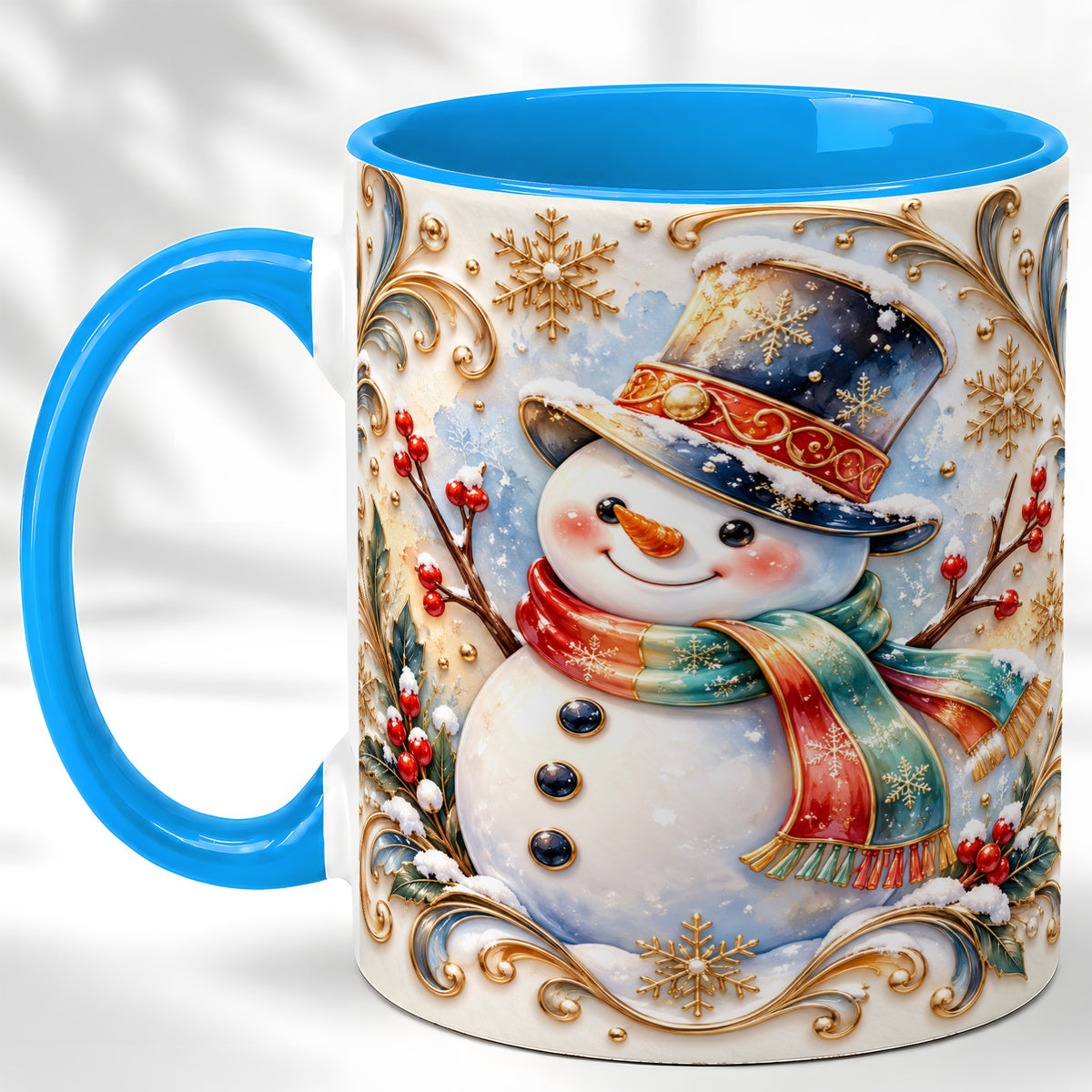 #pl[11oz|Blue] Ornate Snowman Coffee Mug, Winter Top Hat Mug, Ceramic Cup