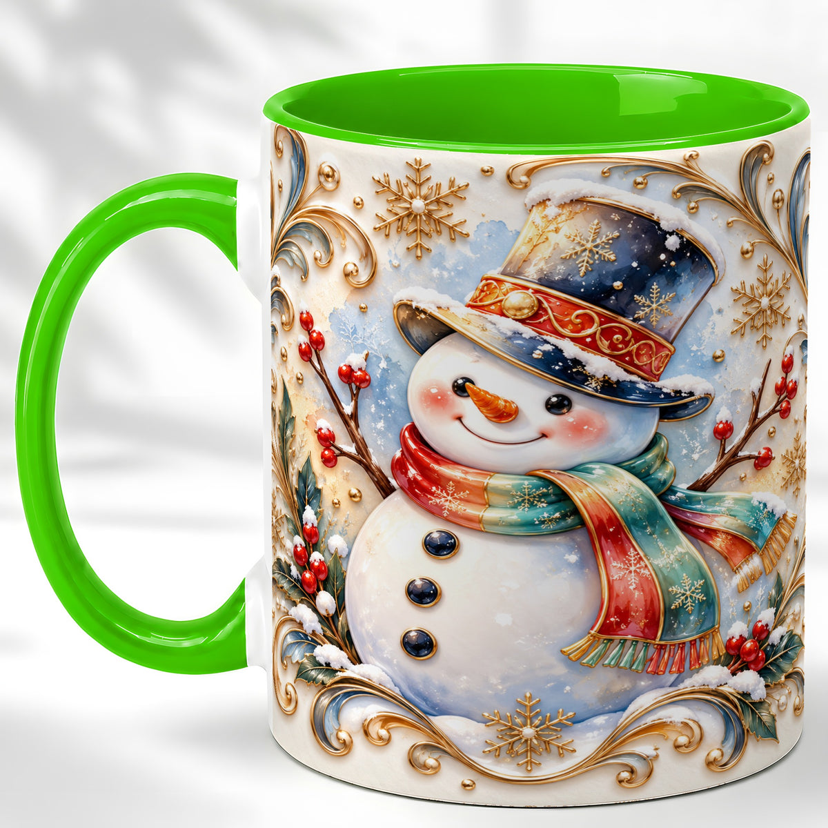 #pl[11oz|Green] Ornate Snowman Coffee Mug, Winter Top Hat Mug, Ceramic Cup