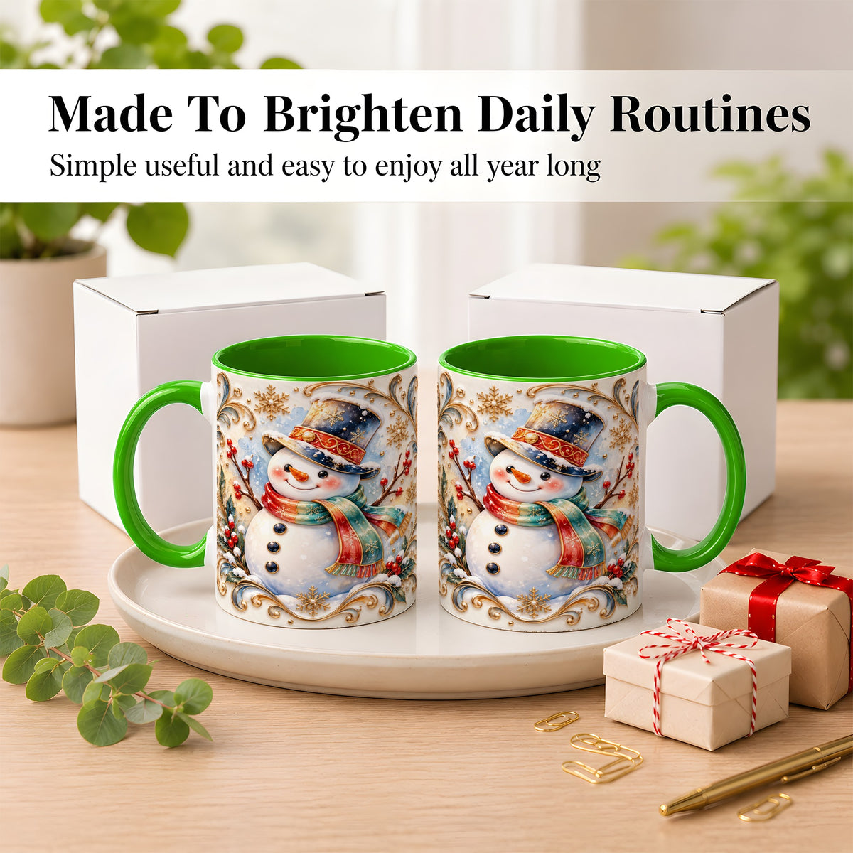 #pl[11oz|Green] Ornate Snowman Coffee Mug, Winter Top Hat Mug, Ceramic Cup