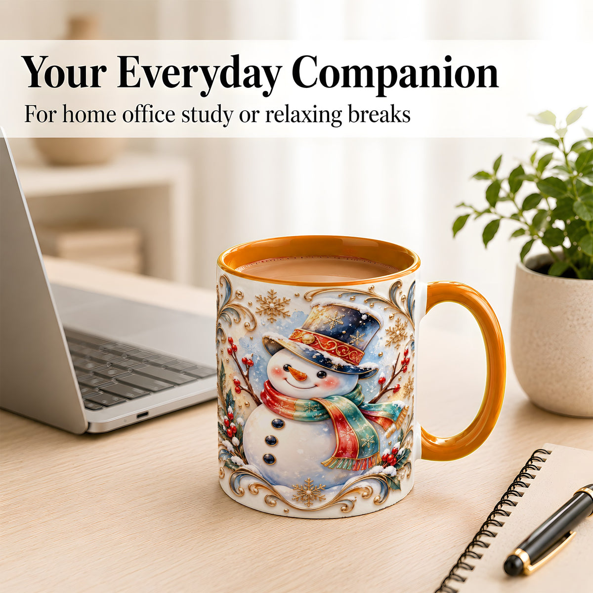 #pl[11oz|Orange] Ornate Snowman Coffee Mug, Winter Top Hat Mug, Ceramic Cup