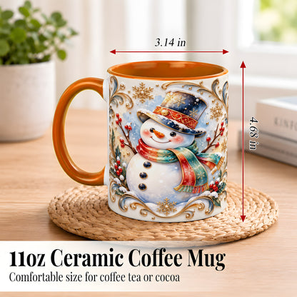 #pl[11oz|Orange] Ornate Snowman Coffee Mug, Winter Top Hat Mug, Ceramic Cup