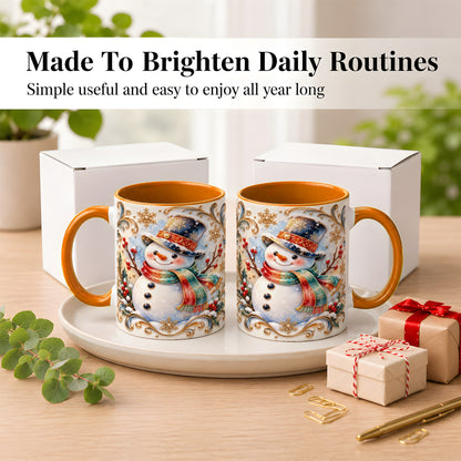 #pl[11oz|Orange] Ornate Snowman Coffee Mug, Winter Top Hat Mug, Ceramic Cup