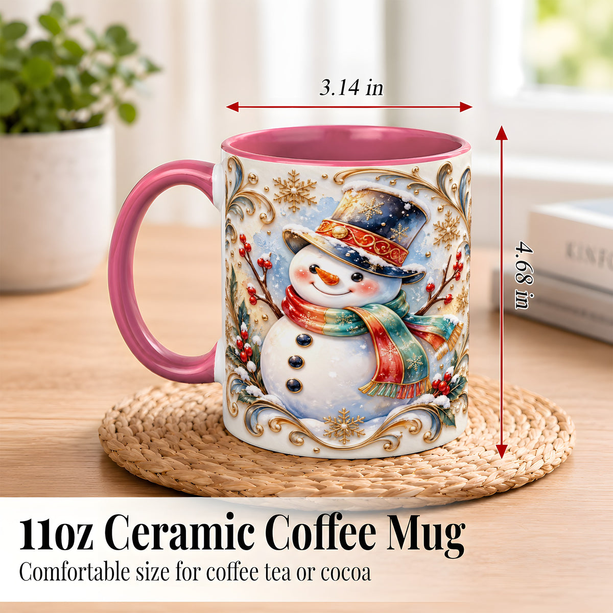 #pl[11oz|Pink] Ornate Snowman Coffee Mug, Winter Top Hat Mug, Ceramic Cup