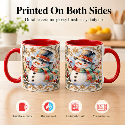 #pl[11oz|Red] Ornate Snowman Coffee Mug, Winter Top Hat Mug, Ceramic Cup