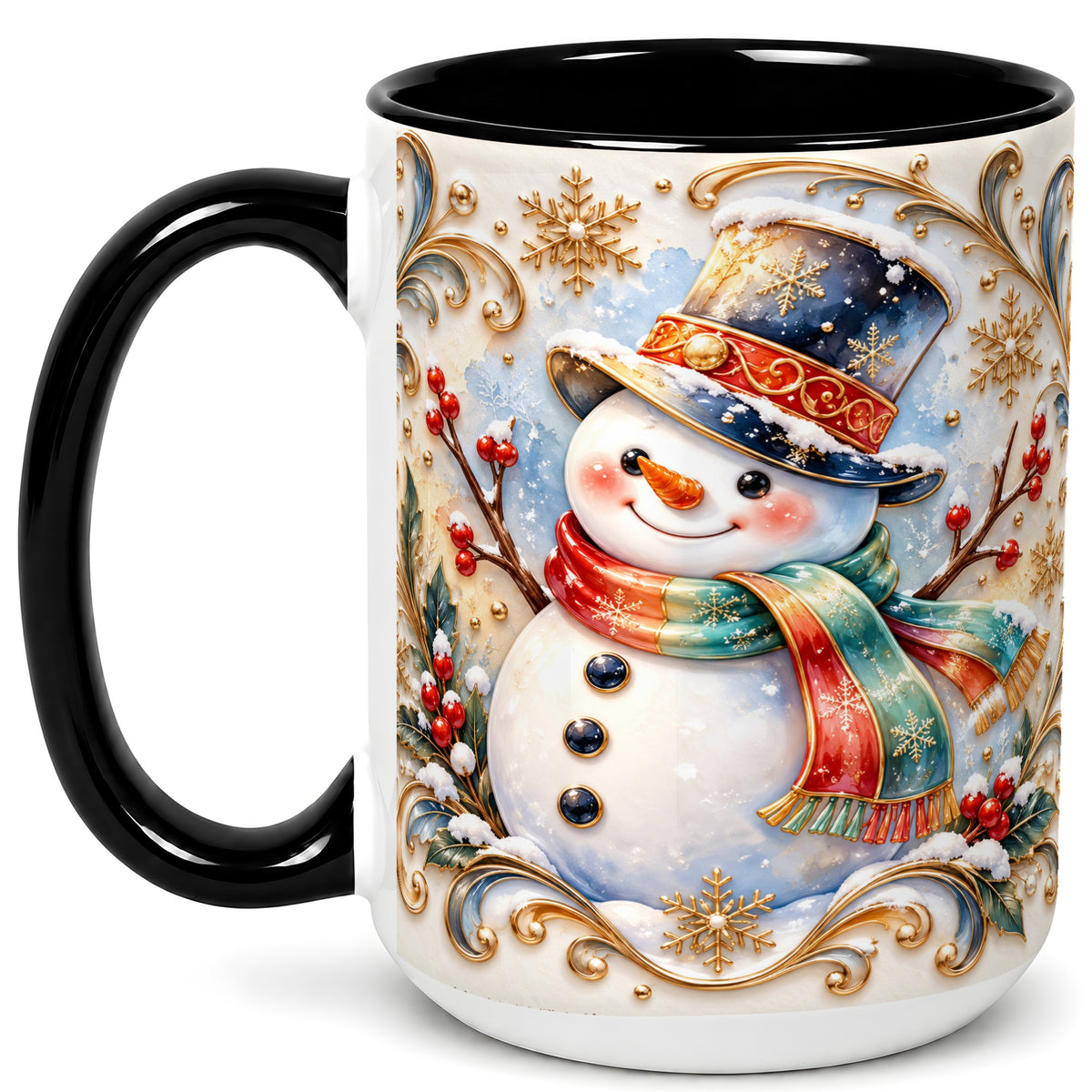 #pl[15oz|Black] Ornate Snowman Coffee Mug, Winter Top Hat Mug, Ceramic Cup