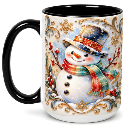 #pl[15oz|Black] Ornate Snowman Coffee Mug, Winter Top Hat Mug, Ceramic Cup