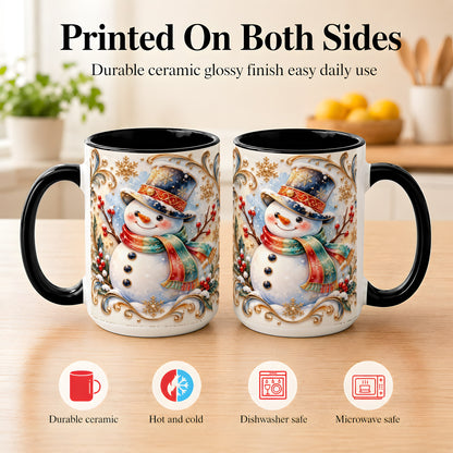 #pl[15oz|Black] Ornate Snowman Coffee Mug, Winter Top Hat Mug, Ceramic Cup