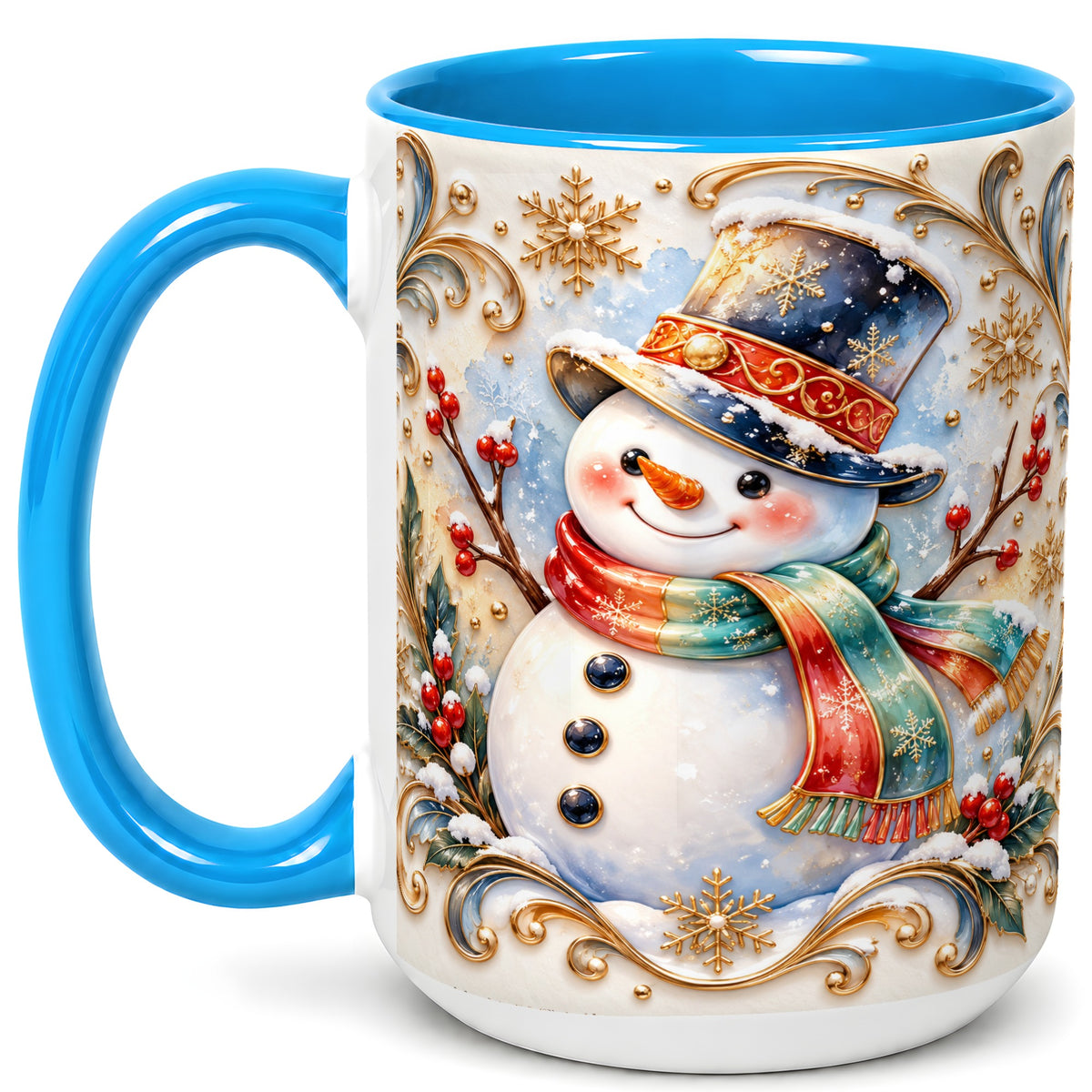 #pl[15oz|Blue] Ornate Snowman Coffee Mug, Winter Top Hat Mug, Ceramic Cup