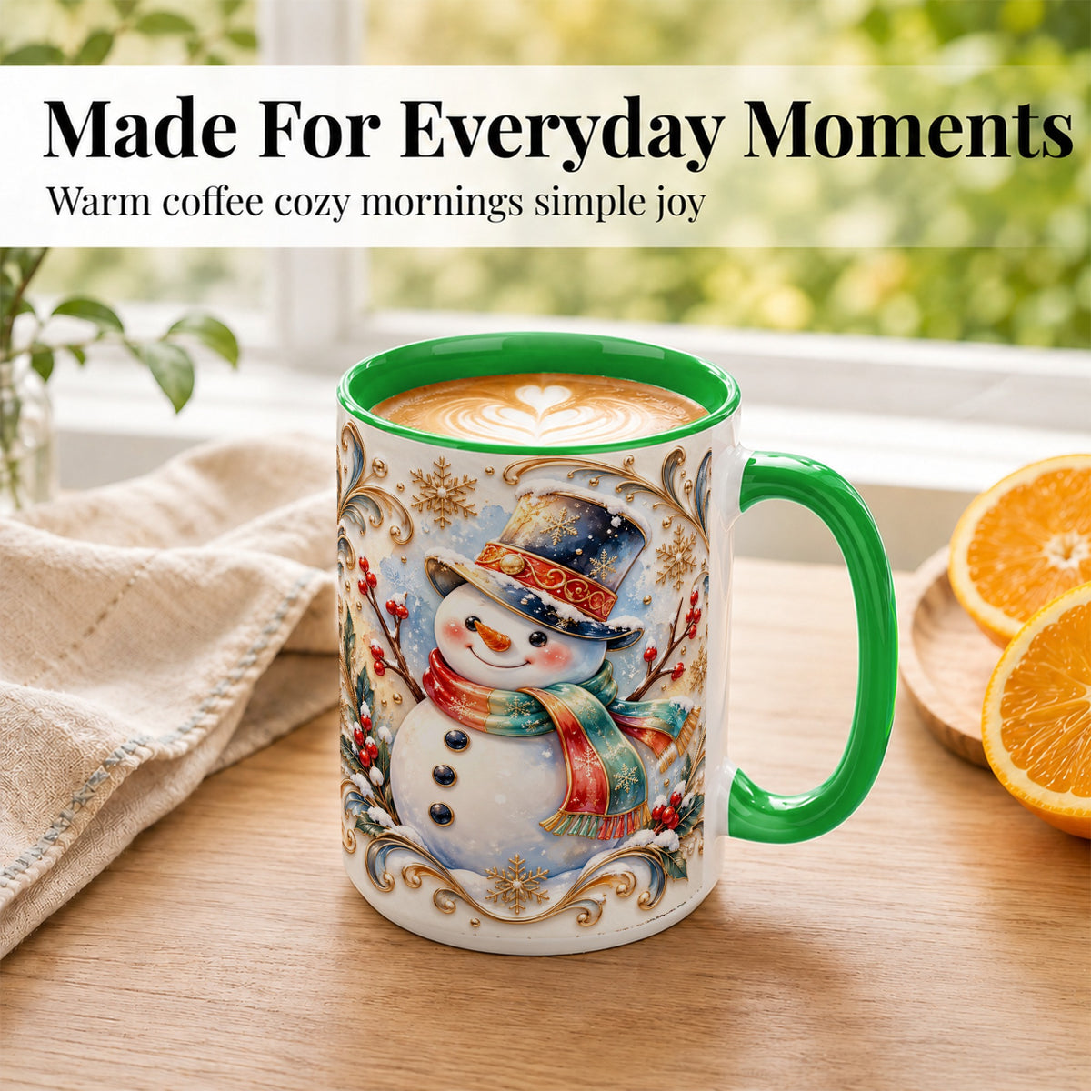 #pl[15oz|Green] Ornate Snowman Coffee Mug, Winter Top Hat Mug, Ceramic Cup