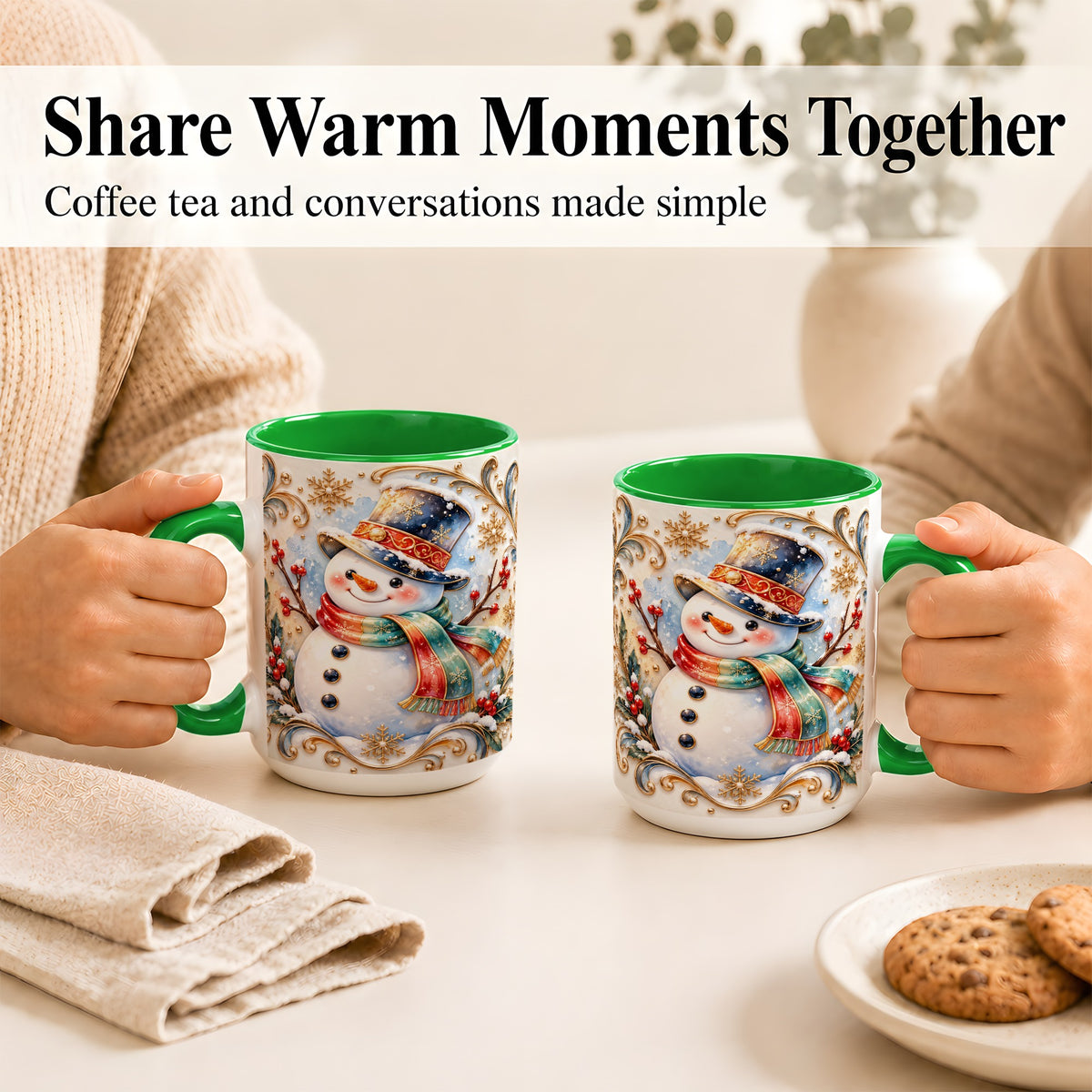 #pl[15oz|Green] Ornate Snowman Coffee Mug, Winter Top Hat Mug, Ceramic Cup