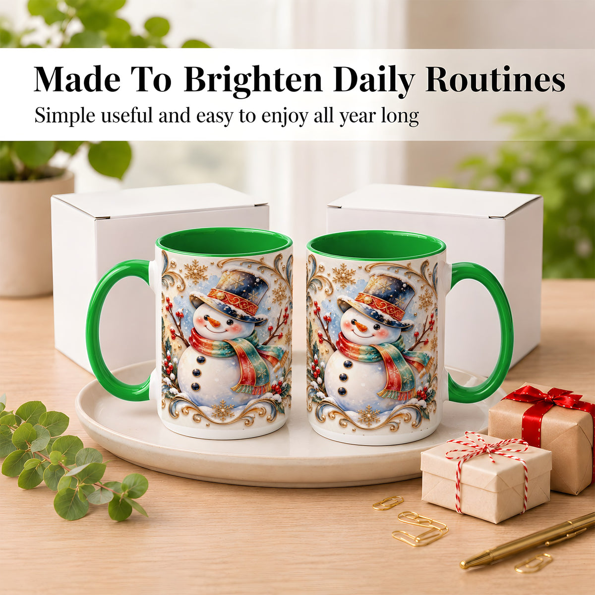 #pl[15oz|Green] Ornate Snowman Coffee Mug, Winter Top Hat Mug, Ceramic Cup