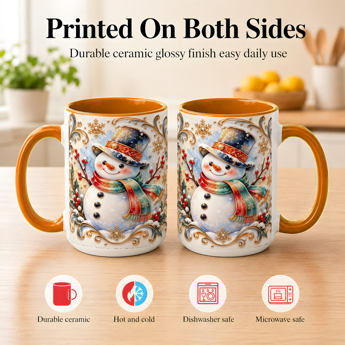 #pl[15oz|Orange] Ornate Snowman Coffee Mug, Winter Top Hat Mug, Ceramic Cup