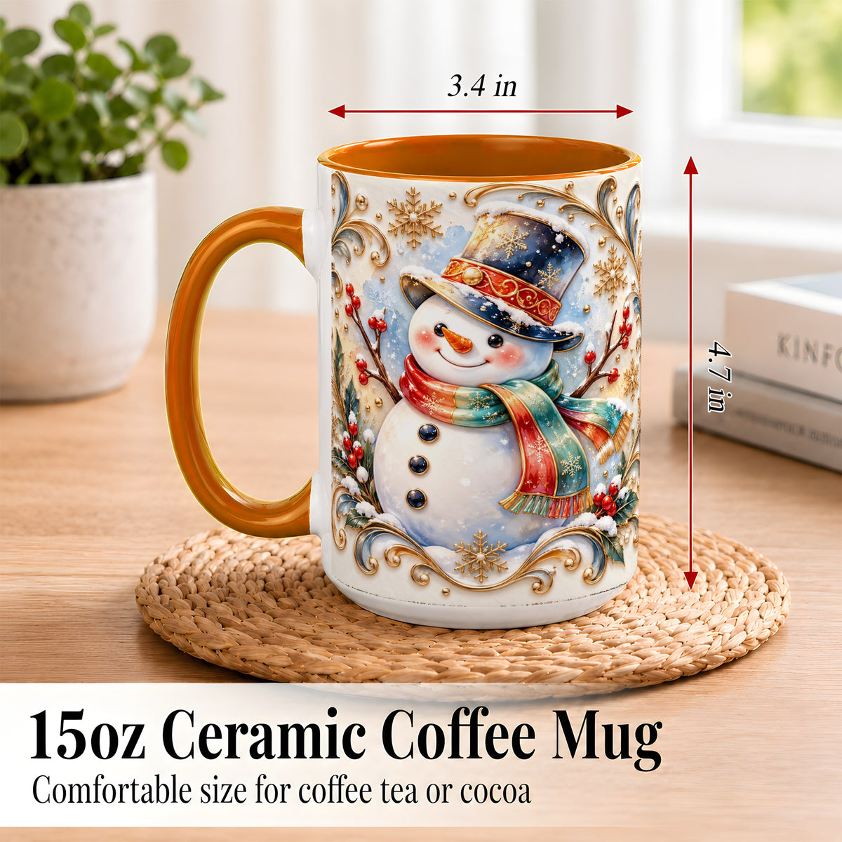 #pl[15oz|Orange] Ornate Snowman Coffee Mug, Winter Top Hat Mug, Ceramic Cup