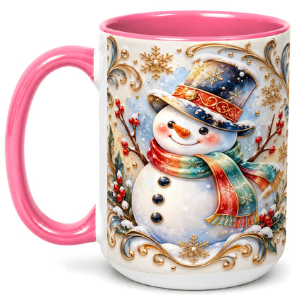 #pl[15oz|Pink] Ornate Snowman Coffee Mug, Winter Top Hat Mug, Ceramic Cup