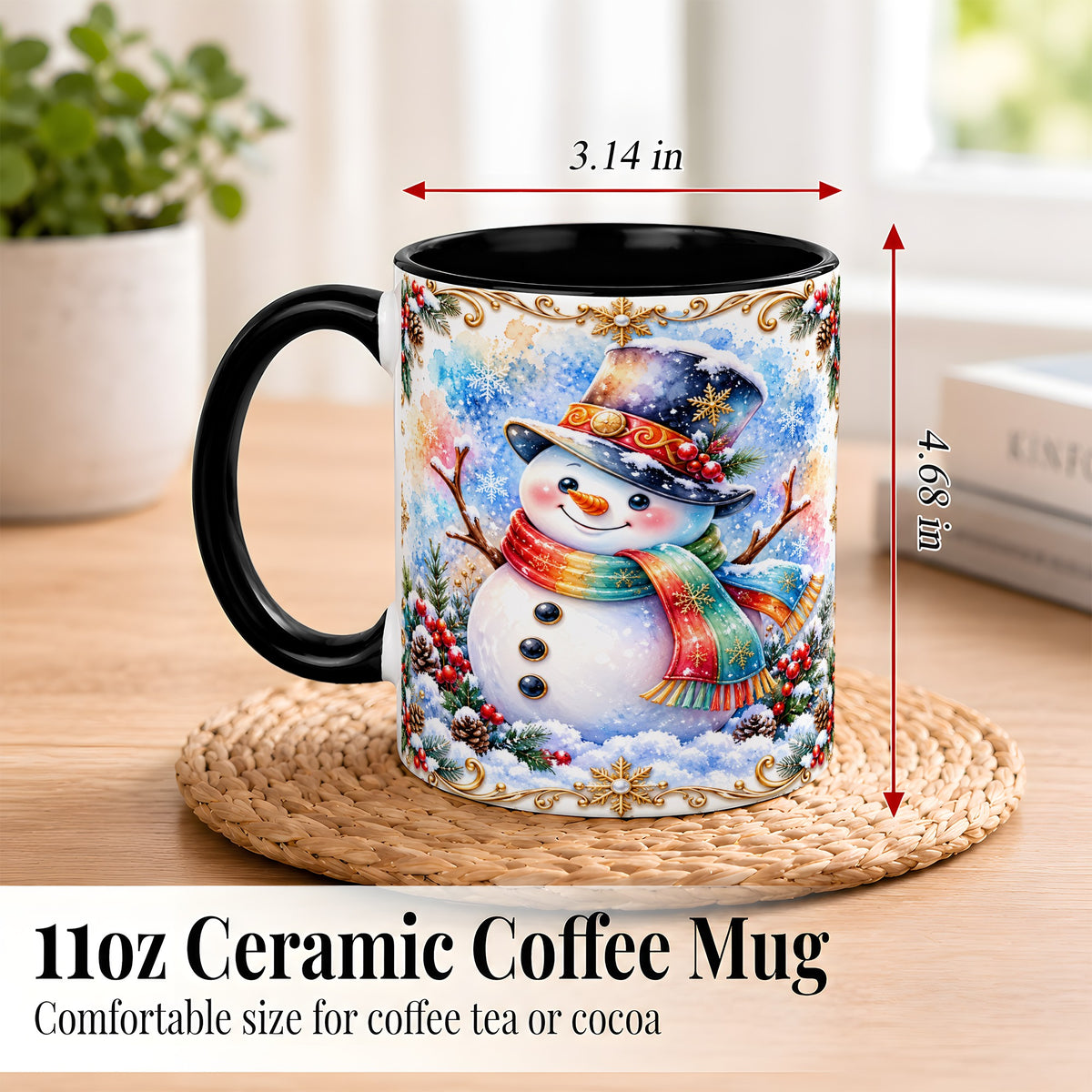 #pl[11oz|Black] Holly Snowman Coffee Mug, Festive Winter Mug, Ceramic Cup