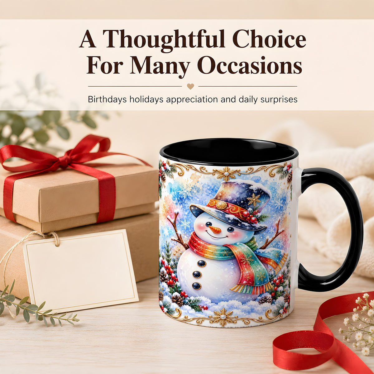 #pl[11oz|Black] Holly Snowman Coffee Mug, Festive Winter Mug, Ceramic Cup