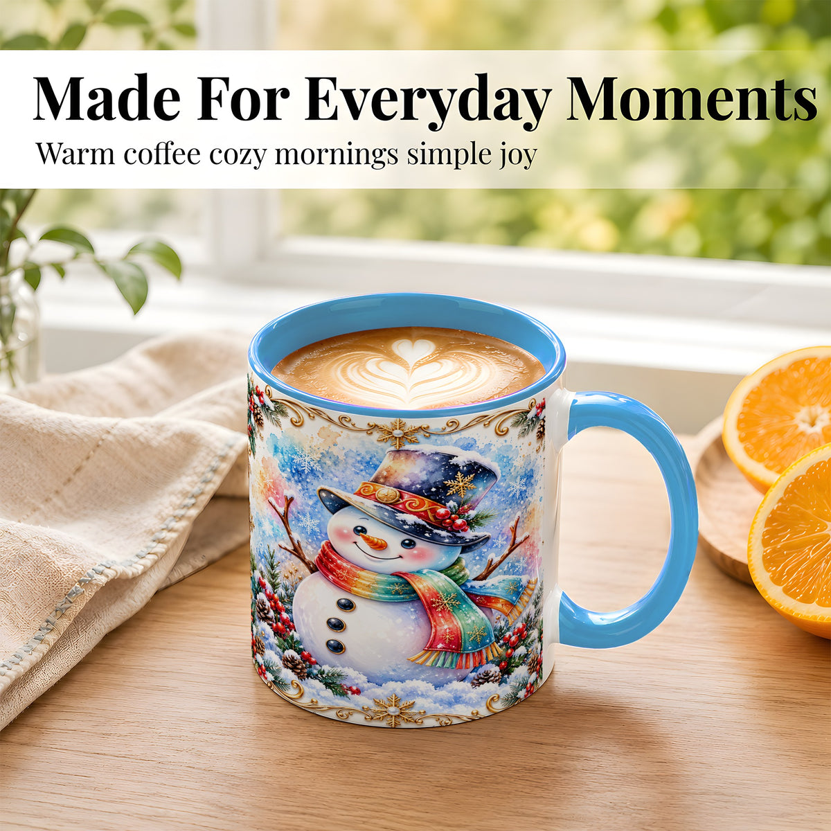 #pl[11oz|Blue] Holly Snowman Coffee Mug, Festive Winter Mug, Ceramic Cup