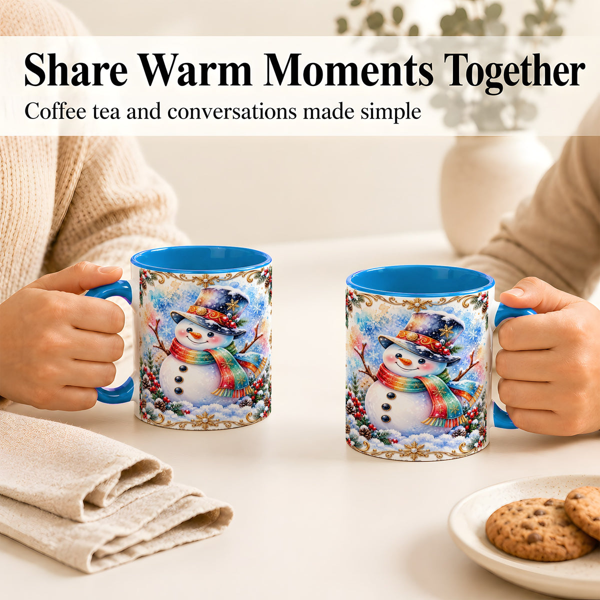 #pl[11oz|Blue] Holly Snowman Coffee Mug, Festive Winter Mug, Ceramic Cup