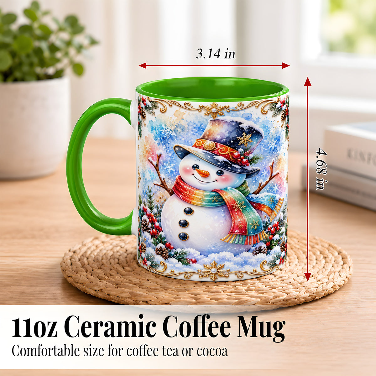 #pl[11oz|Green] Holly Snowman Coffee Mug, Festive Winter Mug, Ceramic Cup